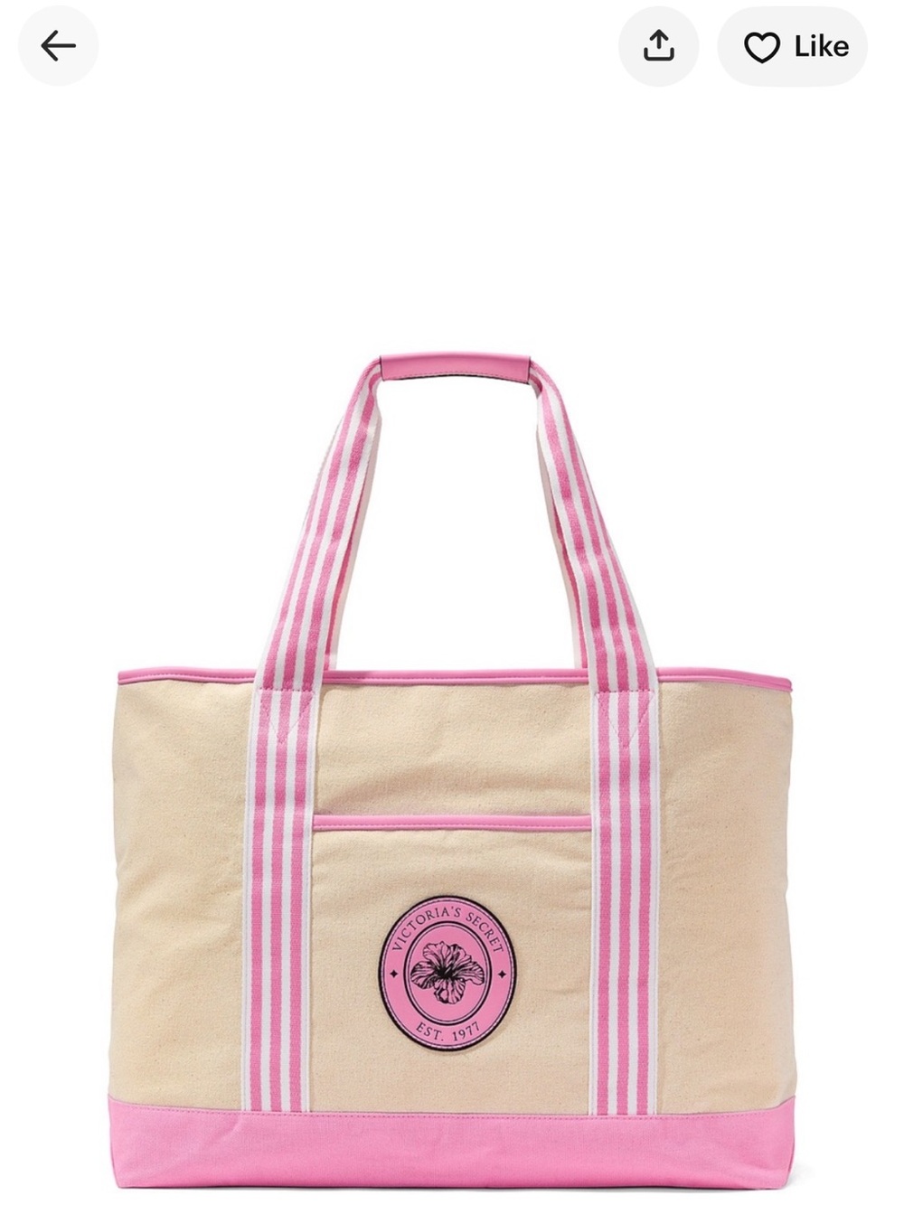 Victoria's Secret Pink and Cream Canvas Tote with Striped Handles